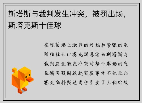 斯塔斯与裁判发生冲突，被罚出场，斯塔克斯十佳球